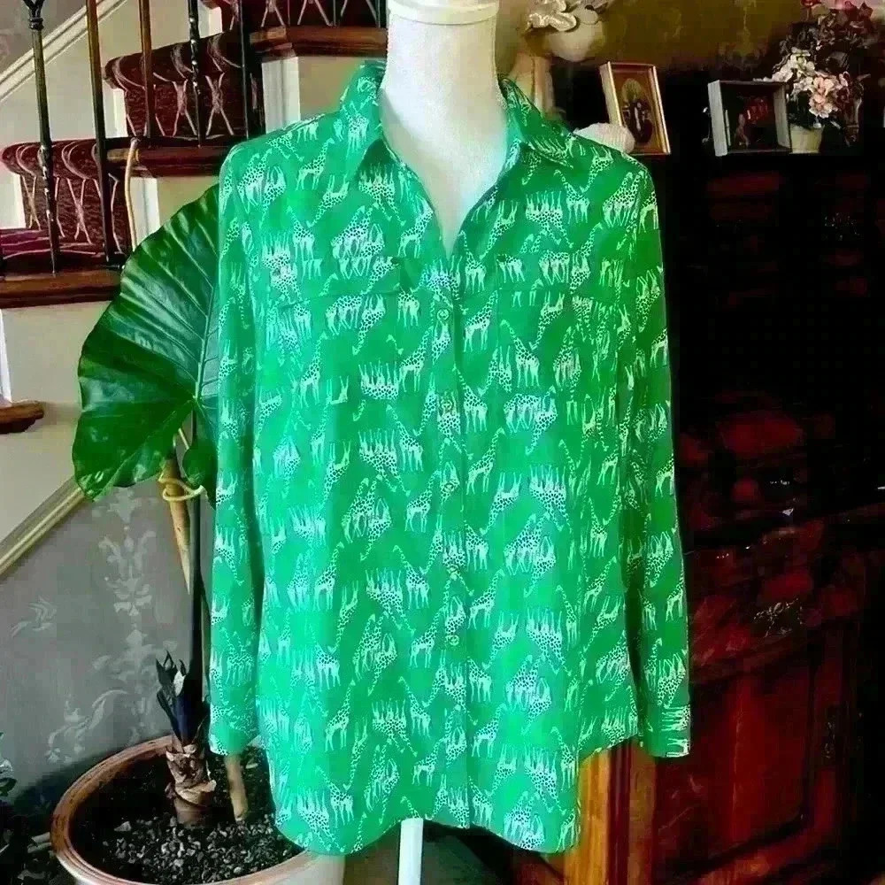 Charter Club Green and White Printed Button-Up Blouse